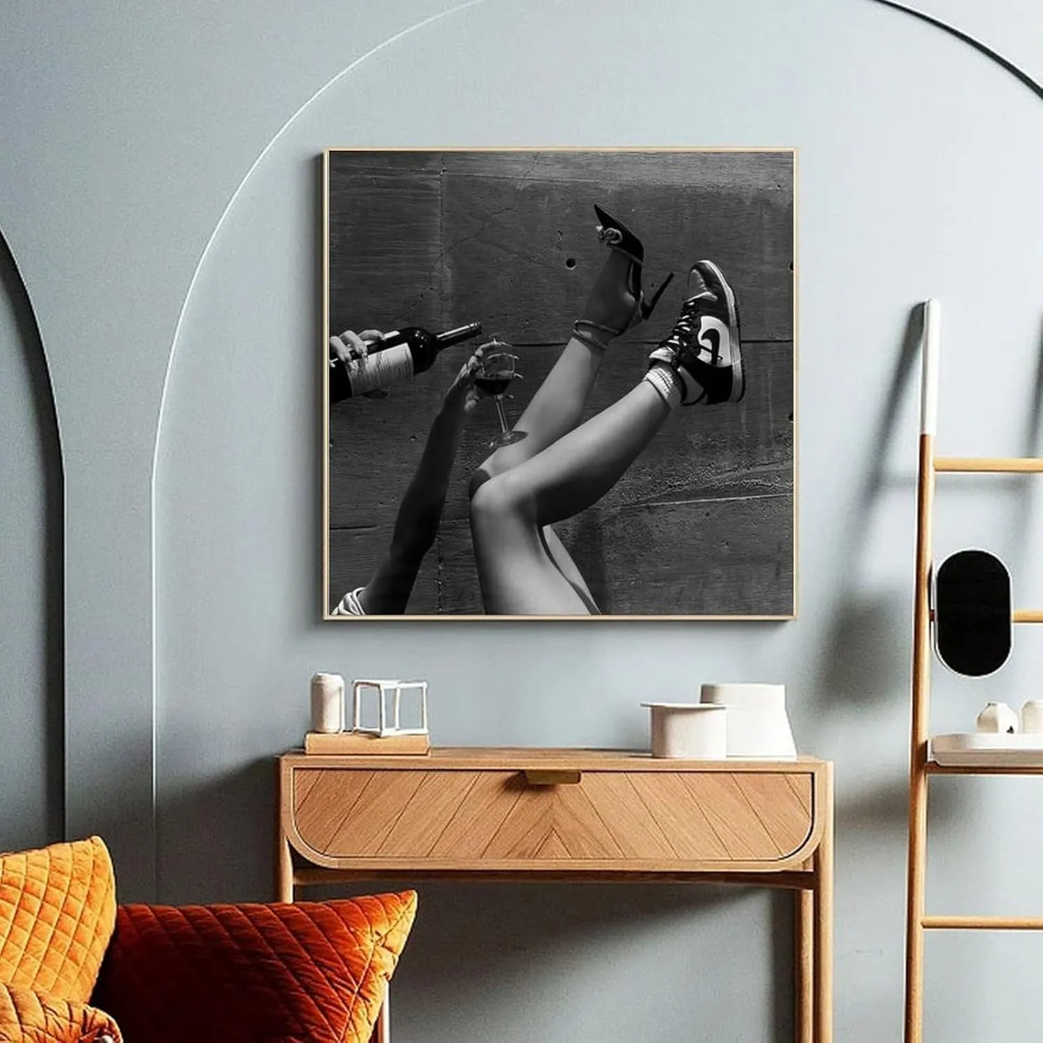 Woman Drinking Wine in Sneakers, Feminist Poster, Bar Cart, Black And White Canvas Poster Wall Art Decor Print Picture Paintings for Living Room Bedroom Decoration Unframe-style 20x20inch(50x50cm)