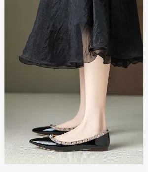Women Fashion Patent Leathe Studded Rivet Slip on Flat Shoes Summer Closed Pointed Toe Shallow Mouth Comfortable Dress Walking Flat Shoes