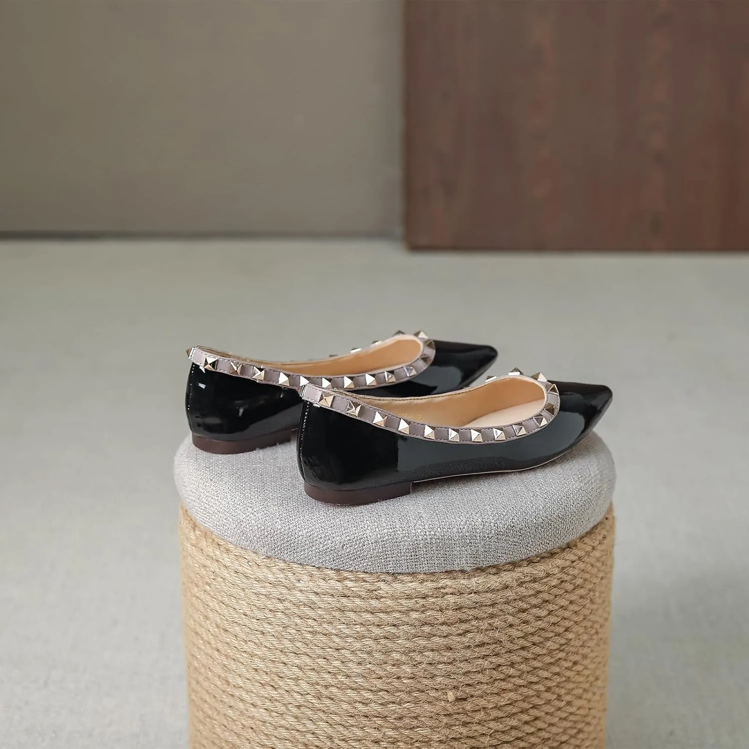 Women Fashion Patent Leathe Studded Rivet Slip on Flat Shoes Summer Closed Pointed Toe Shallow Mouth Comfortable Dress Walking Flat Shoes