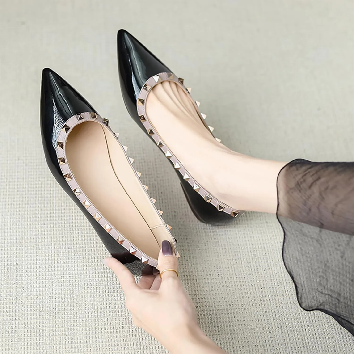 Women Fashion Patent Leathe Studded Rivet Slip on Flat Shoes Summer Closed Pointed Toe Shallow Mouth Comfortable Dress Walking Flat Shoes