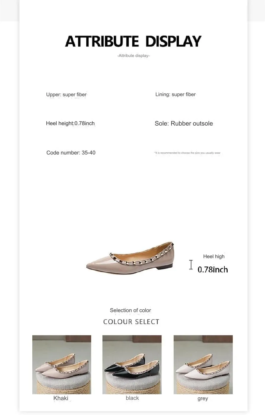 Women Fashion Patent Leathe Studded Rivet Slip on Flat Shoes Summer Closed Pointed Toe Shallow Mouth Comfortable Dress Walking Flat Shoes