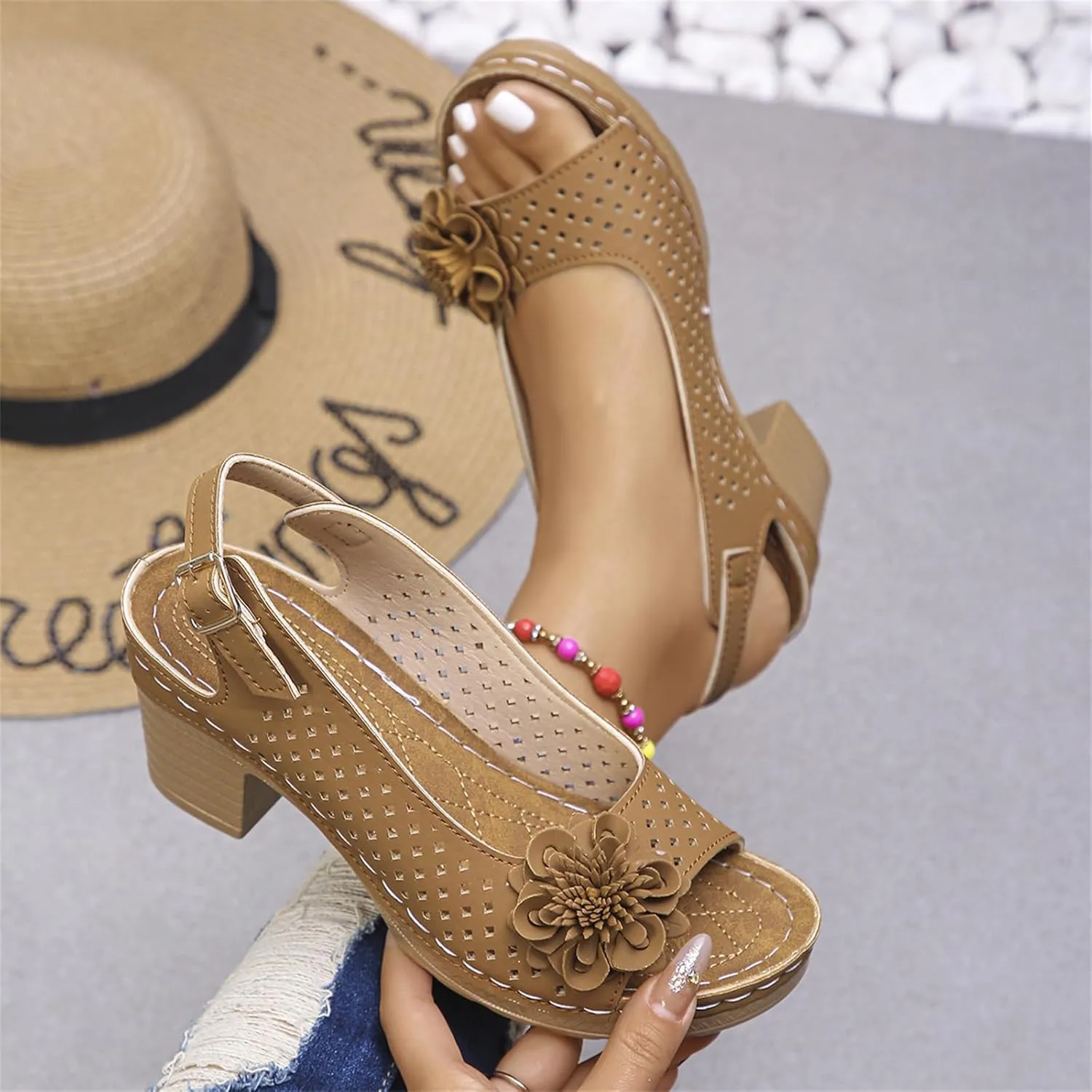 Women Flower Chunky Heel Sandals Open Toe Ankle Strap Platform Block High Heels Wedding Party Dressy Floral Heeled Sandals