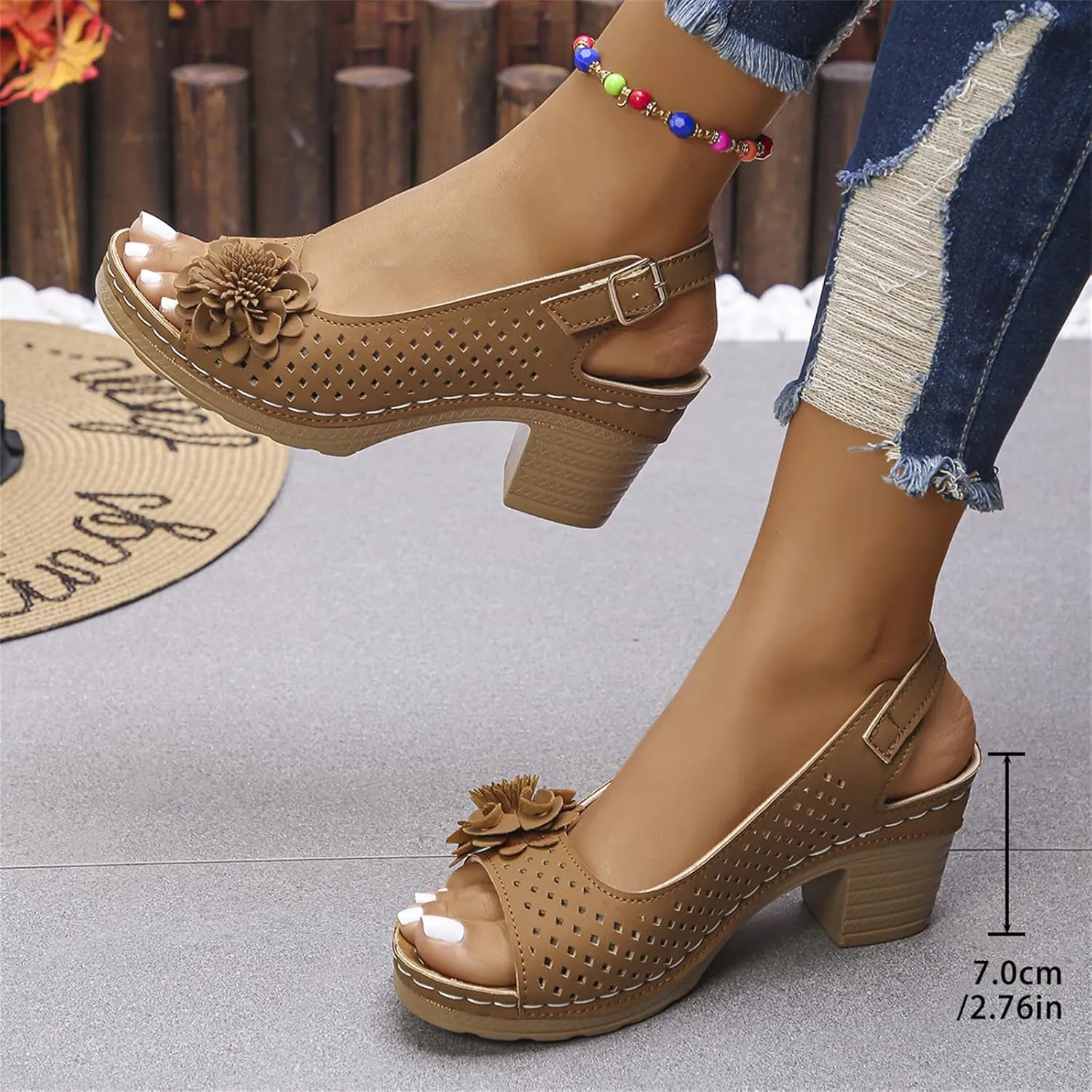 Women Flower Chunky Heel Sandals Open Toe Ankle Strap Platform Block High Heels Wedding Party Dressy Floral Heeled Sandals
