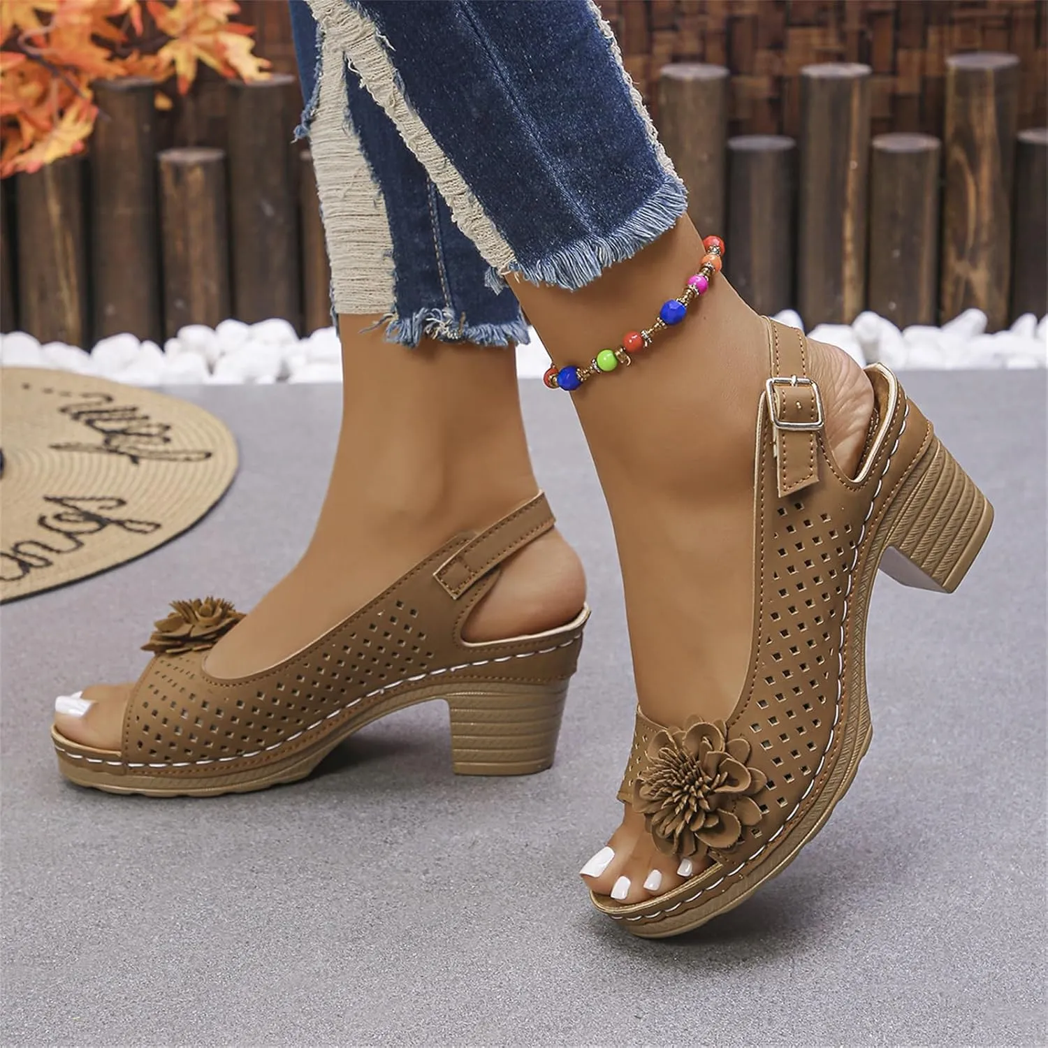 Women Flower Chunky Heel Sandals Open Toe Ankle Strap Platform Block High Heels Wedding Party Dressy Floral Heeled Sandals