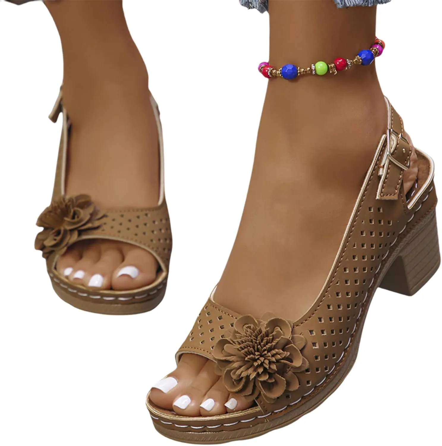 Women Flower Chunky Heel Sandals Open Toe Ankle Strap Platform Block High Heels Wedding Party Dressy Floral Heeled Sandals