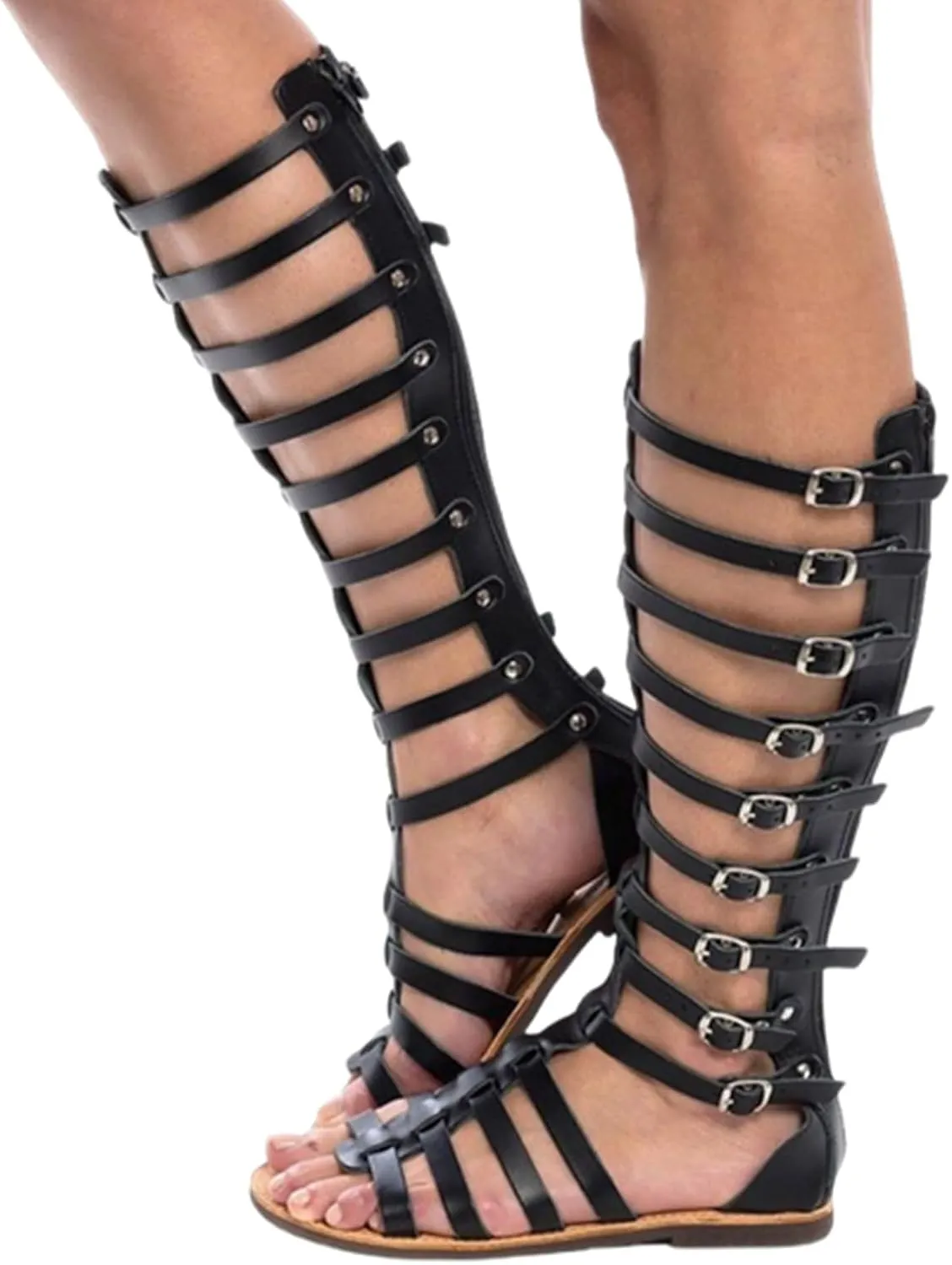 Women Gladiator Sandal Summer Casual Black Knee High Roman Flats Buckle Ankle Strap Open Toe Breathable Sandals