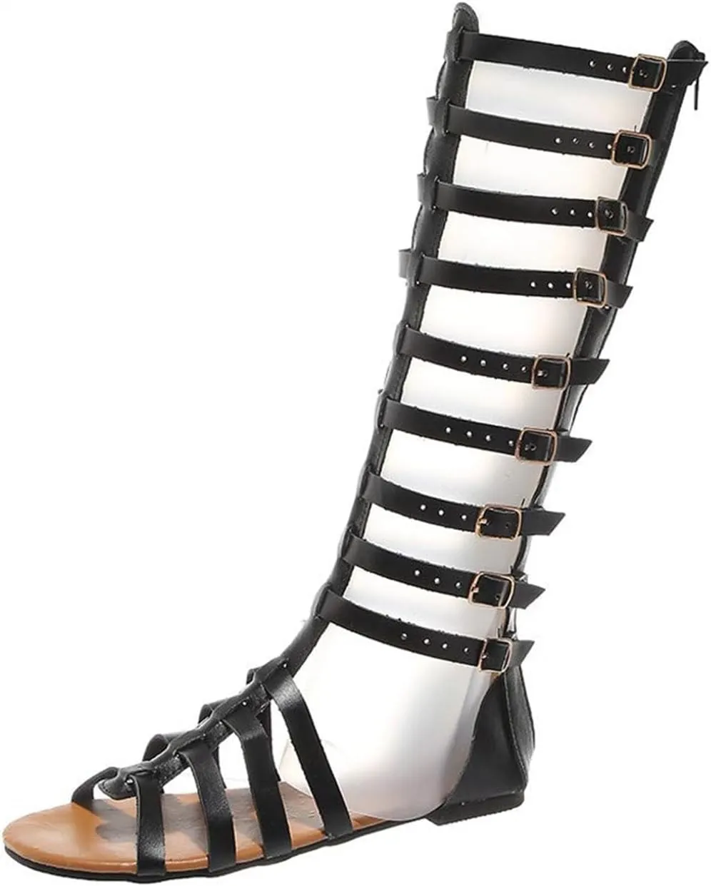 Women Gladiator Sandal Summer Casual Black Knee High Roman Flats Buckle Ankle Strap Open Toe Breathable Sandals