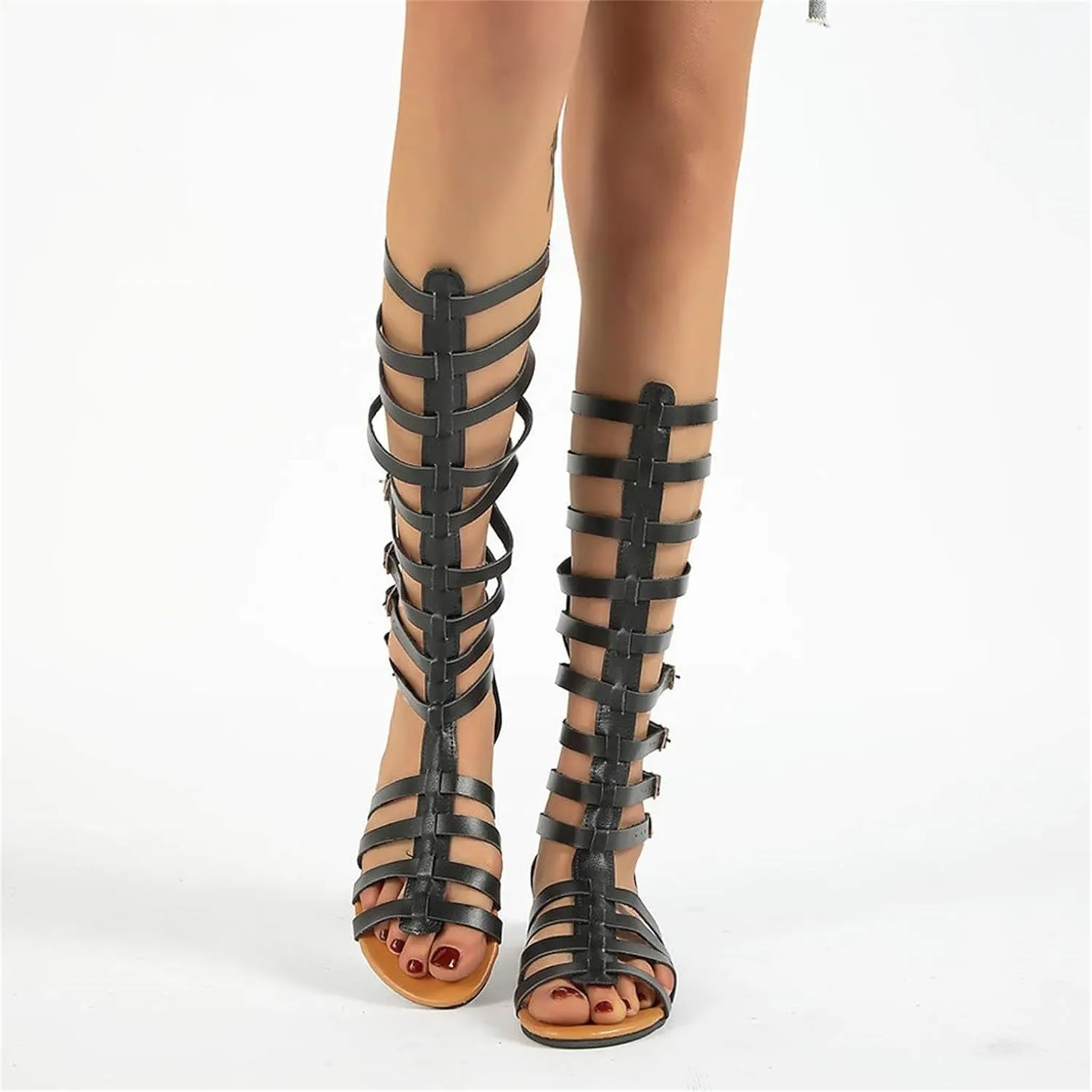 Women Gladiator Sandal Summer Casual Black Knee High Roman Flats Buckle Ankle Strap Open Toe Breathable Sandals