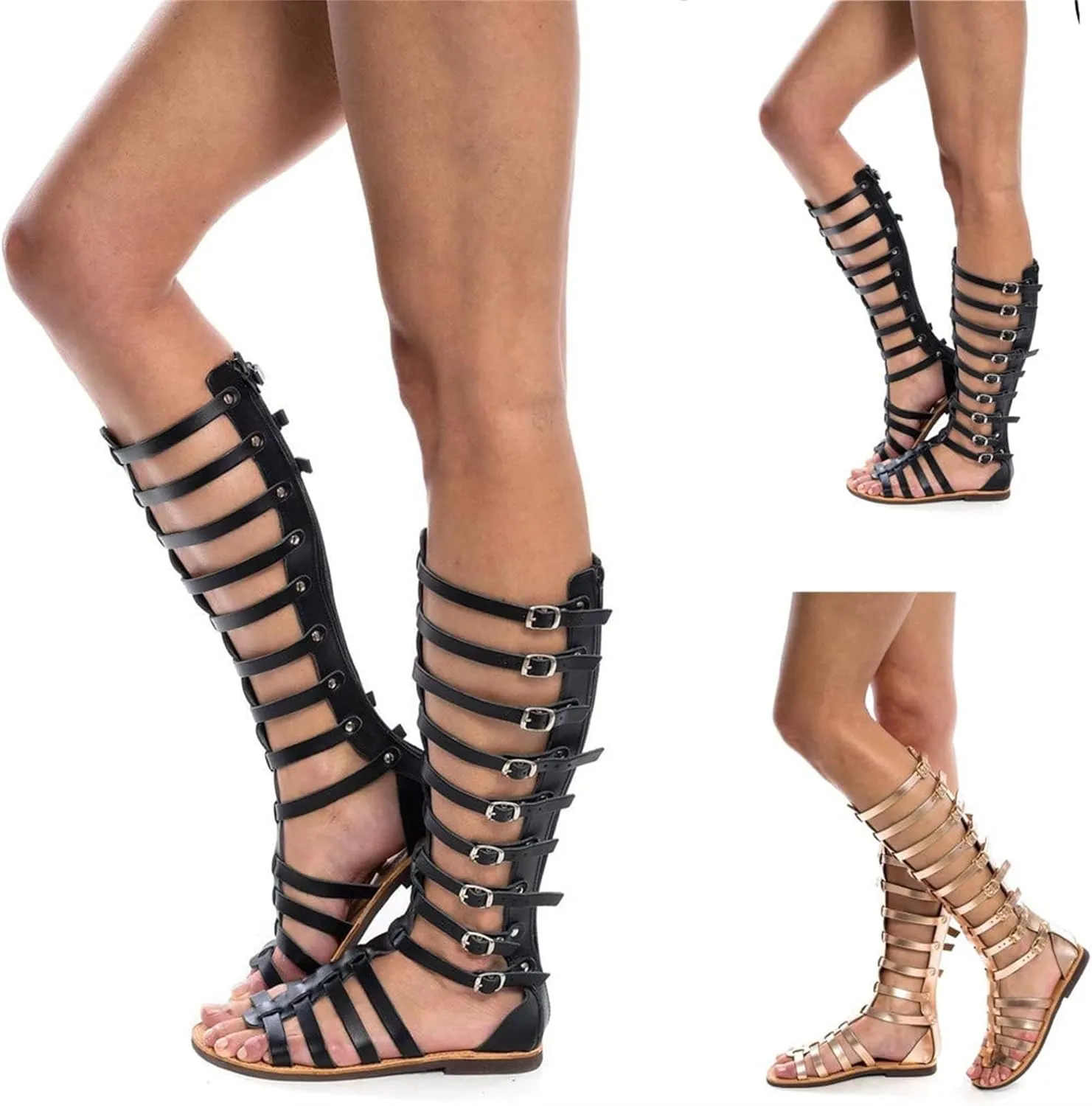 Women Gladiator Sandal Summer Casual Black Knee High Roman Flats Buckle Ankle Strap Open Toe Breathable Sandals