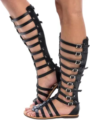 Women Gladiator Sandal Summer Casual Black Knee High Roman Flats Buckle Ankle Strap Open Toe Breathable Sandals