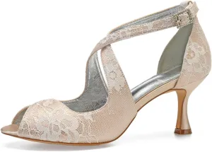 Women Lace Bridal Shoes Cross Strap Ankle Strap Prom Pumps Party Bridesmaid Shoes Peep Toe Mid Heel Wedding Sandals