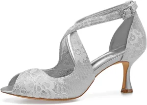 Women Lace Bridal Shoes Cross Strap Ankle Strap Prom Pumps Party Bridesmaid Shoes Peep Toe Mid Heel Wedding Sandals