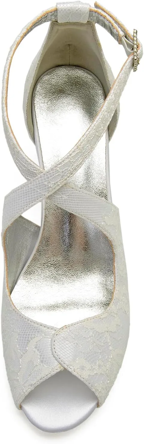 Women Lace Bridal Shoes Cross Strap Ankle Strap Prom Pumps Party Bridesmaid Shoes Peep Toe Mid Heel Wedding Sandals