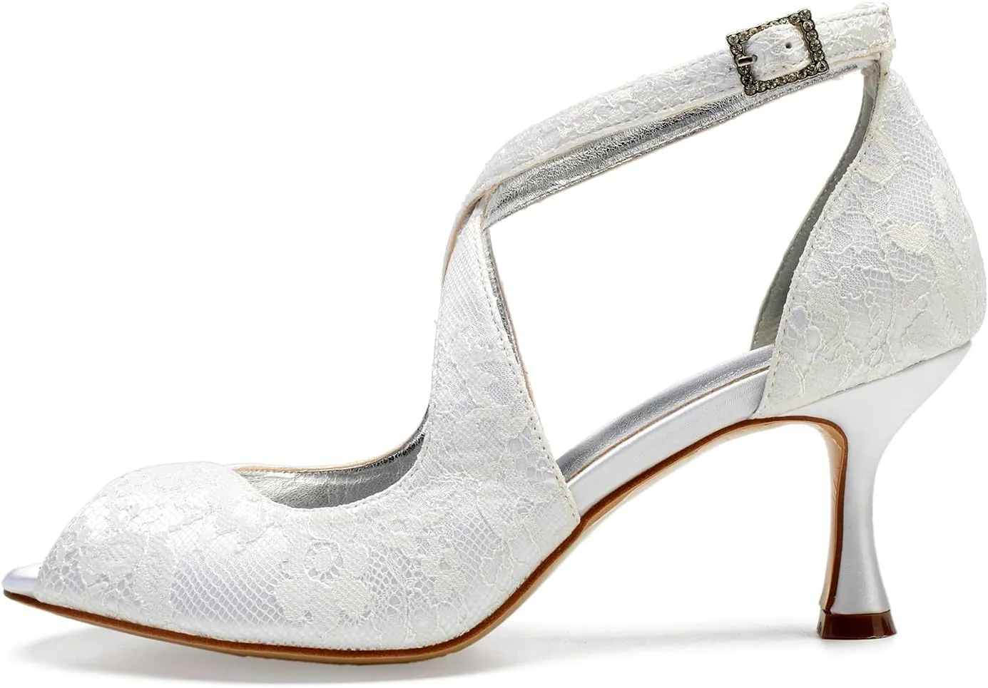 Women Lace Bridal Shoes Cross Strap Ankle Strap Prom Pumps Party Bridesmaid Shoes Peep Toe Mid Heel Wedding Sandals