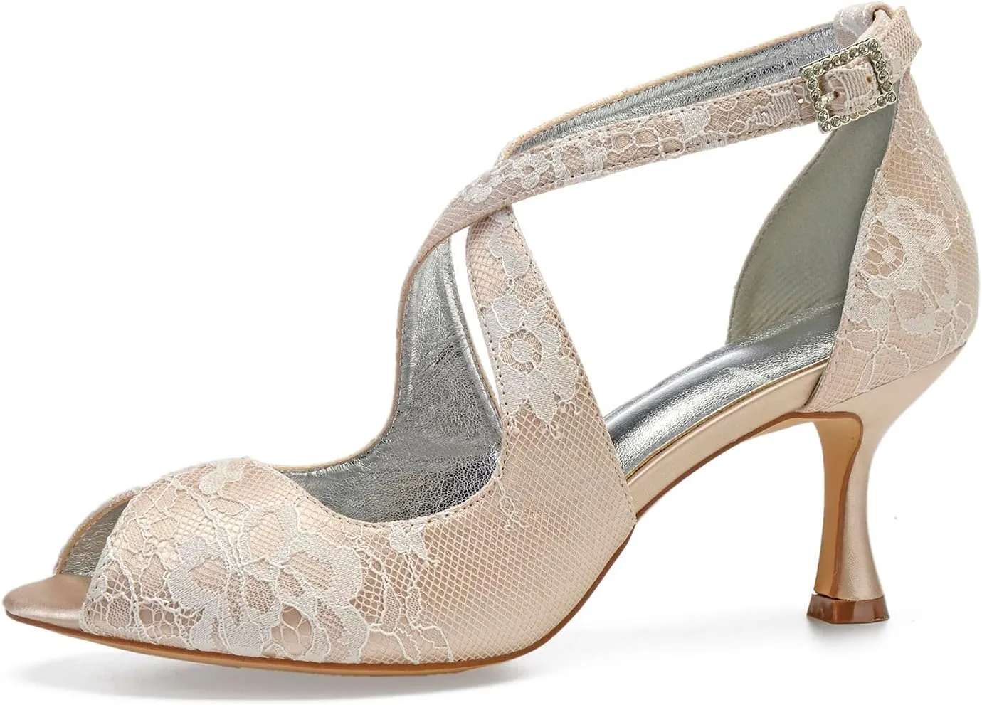 Women Lace Bridal Shoes Cross Strap Ankle Strap Prom Pumps Party Bridesmaid Shoes Peep Toe Mid Heel Wedding Sandals