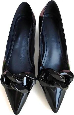 Women Patent Leather Pointed Toe Ballet Flats with Chain Embellishment Daily Shoes