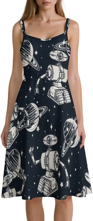 Women Technologies Monochrome Strappy Boho A Line Square Neck Dresses Fashion Flowy Midi Sundress