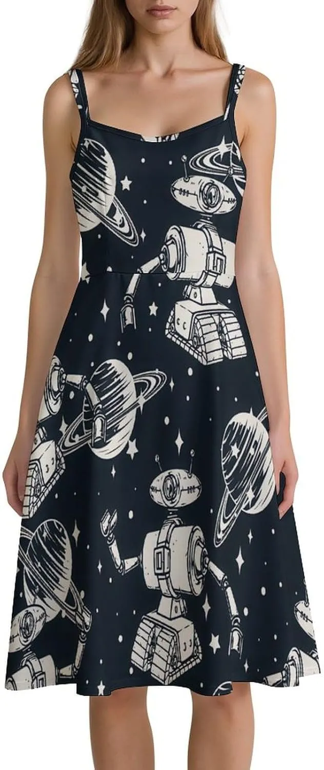 Women Technologies Monochrome Strappy Boho A Line Square Neck Dresses Fashion Flowy Midi Sundress