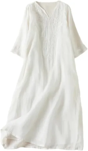Women Vintage Floral Dresses French Loose V-Neck Short Sleeve Summer A-Line Embroidery Dress