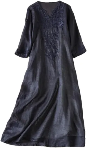 Women Vintage Floral Dresses French Loose V-Neck Short Sleeve Summer A-Line Embroidery Dress