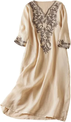 Women Vintage Floral Dresses French Loose V-Neck Short Sleeve Summer A-Line Embroidery Dress