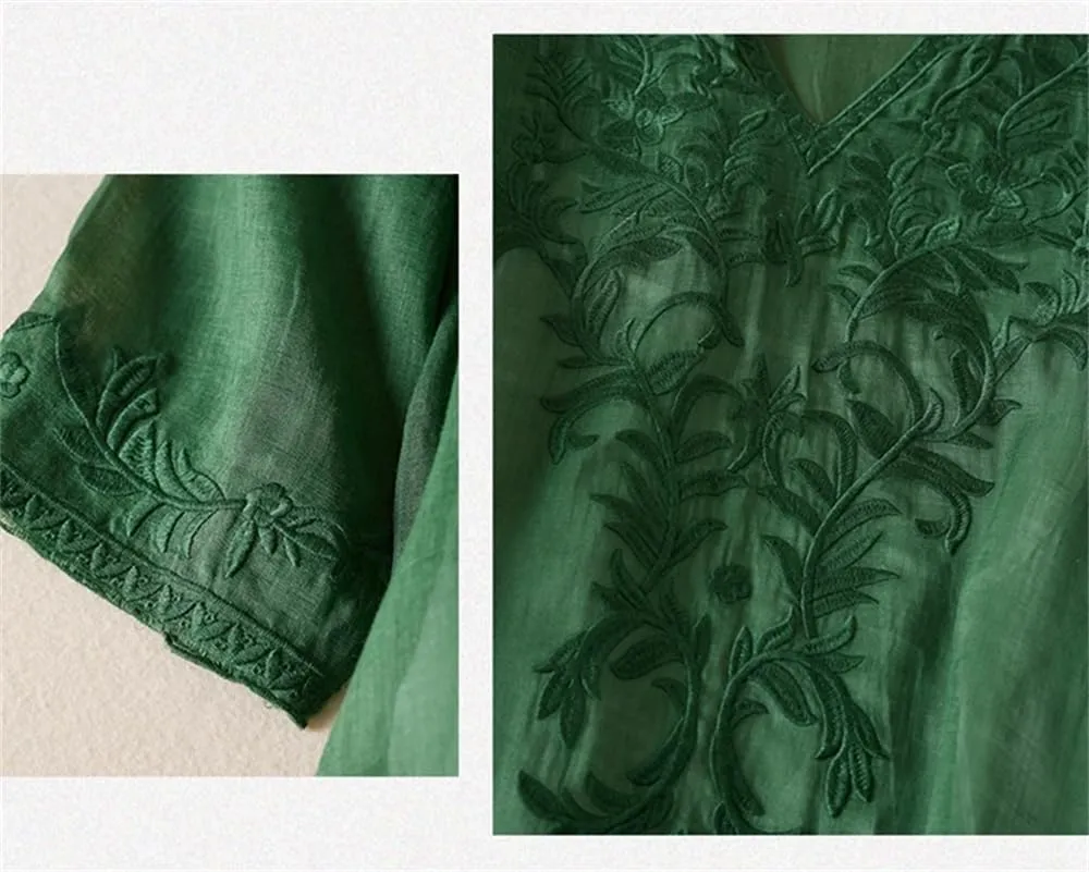 Women Vintage Floral Dresses French Loose V-Neck Short Sleeve Summer A-Line Embroidery Dress