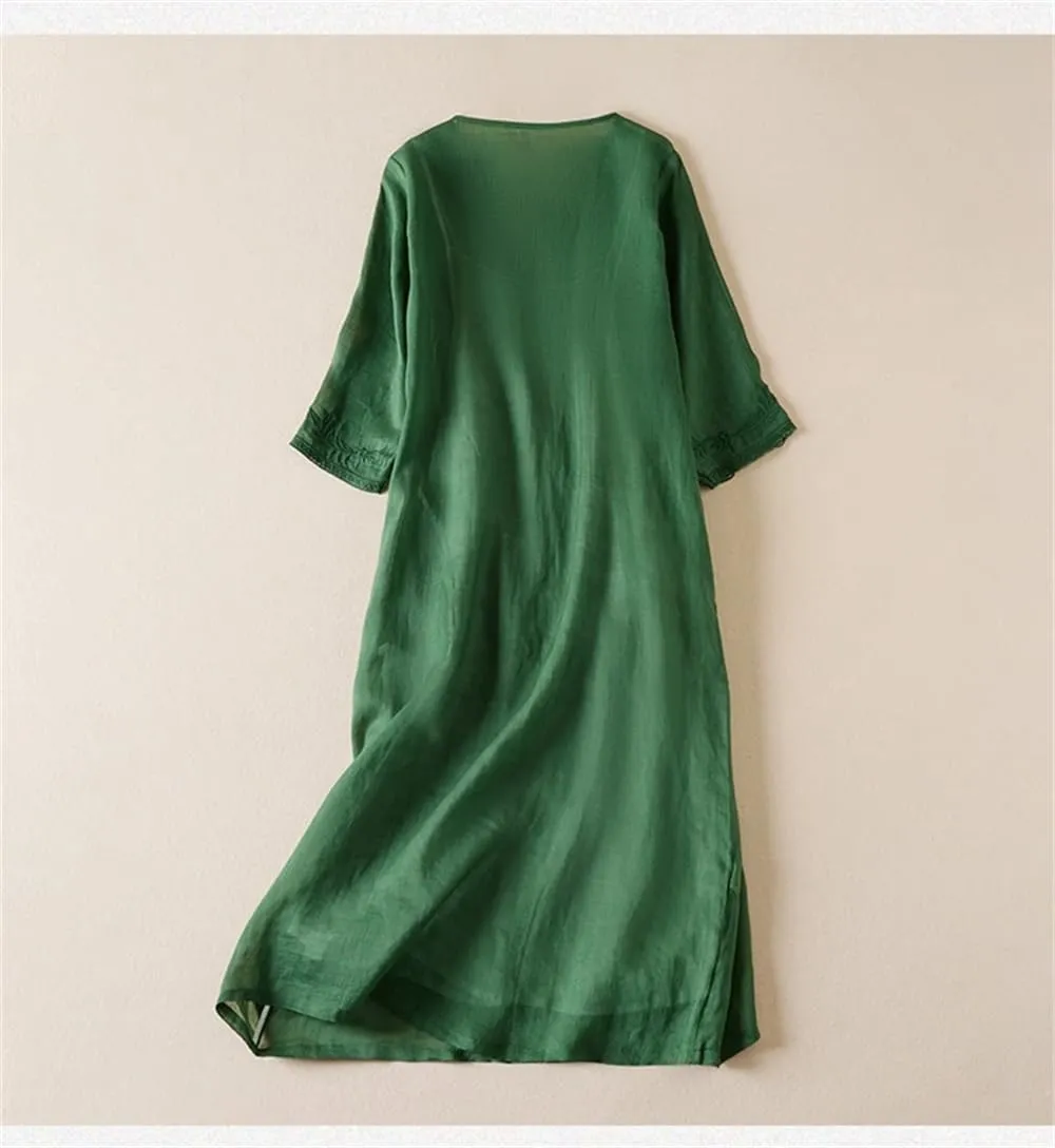 Women Vintage Floral Dresses French Loose V-Neck Short Sleeve Summer A-Line Embroidery Dress