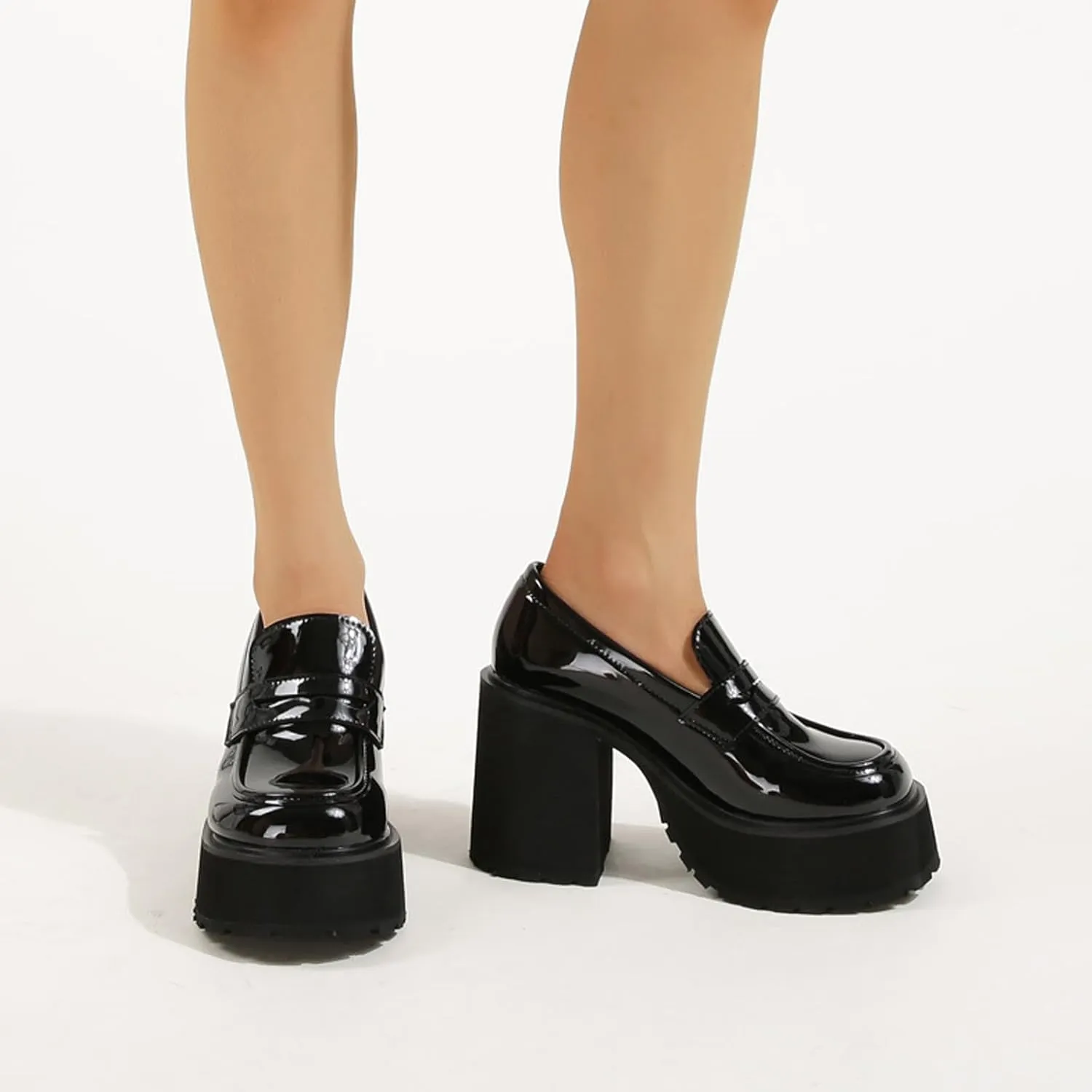 Women's Black Patent Leather Chunky Heels Casual Loafers Comfortable Fashion Slip-on Round Toe Platform Business Dress Loafers for Party Walking Wedding