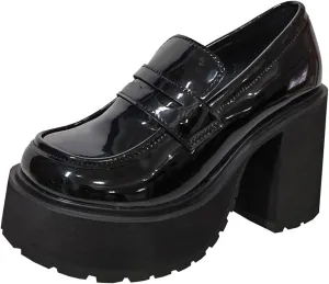 Women's Black Patent Leather Chunky Heels Casual Loafers Comfortable Fashion Slip-on Round Toe Platform Business Dress Loafers for Party Walking Wedding