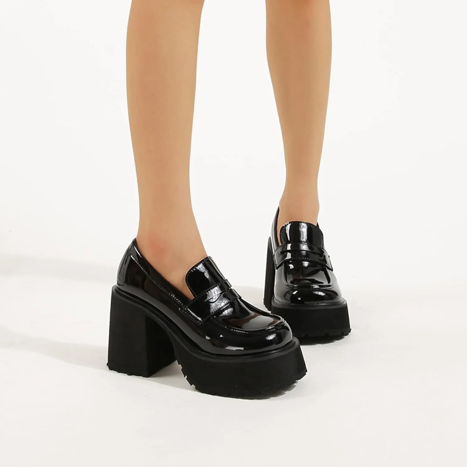 Women's Black Patent Leather Chunky Heels Casual Loafers Comfortable Fashion Slip-on Round Toe Platform Business Dress Loafers for Party Walking Wedding