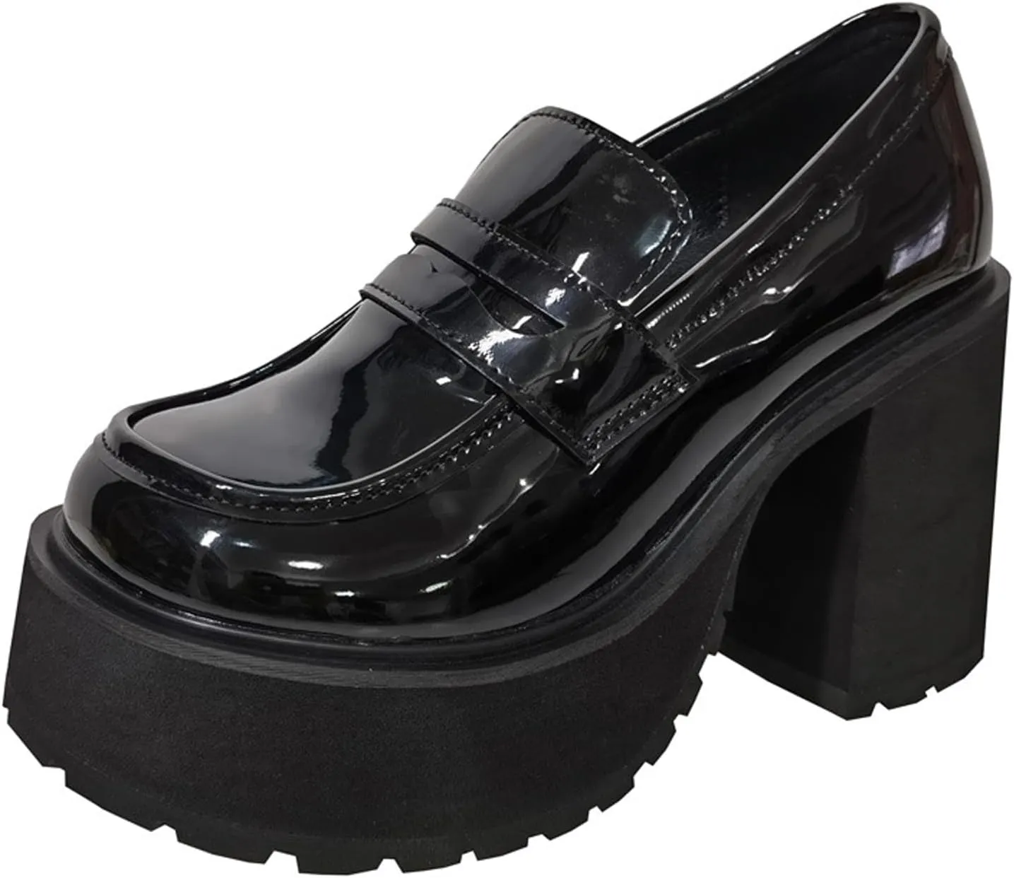 Women's Black Patent Leather Chunky Heels Casual Loafers Comfortable Fashion Slip-on Round Toe Platform Business Dress Loafers for Party Walking Wedding