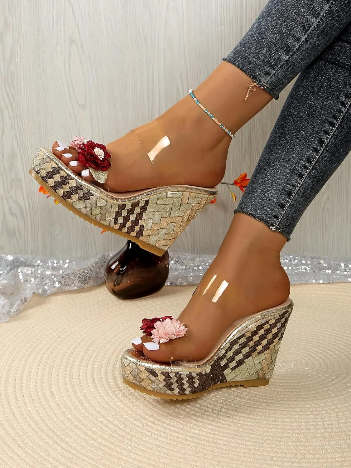 Women's Boho Chic Woven Wedge Sandals Floral Platform Slide with Transparent Strap Floral Platform Slide with Transparent Strap