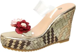 Women's Boho Chic Woven Wedge Sandals Floral Platform Slide with Transparent Strap Floral Platform Slide with Transparent Strap