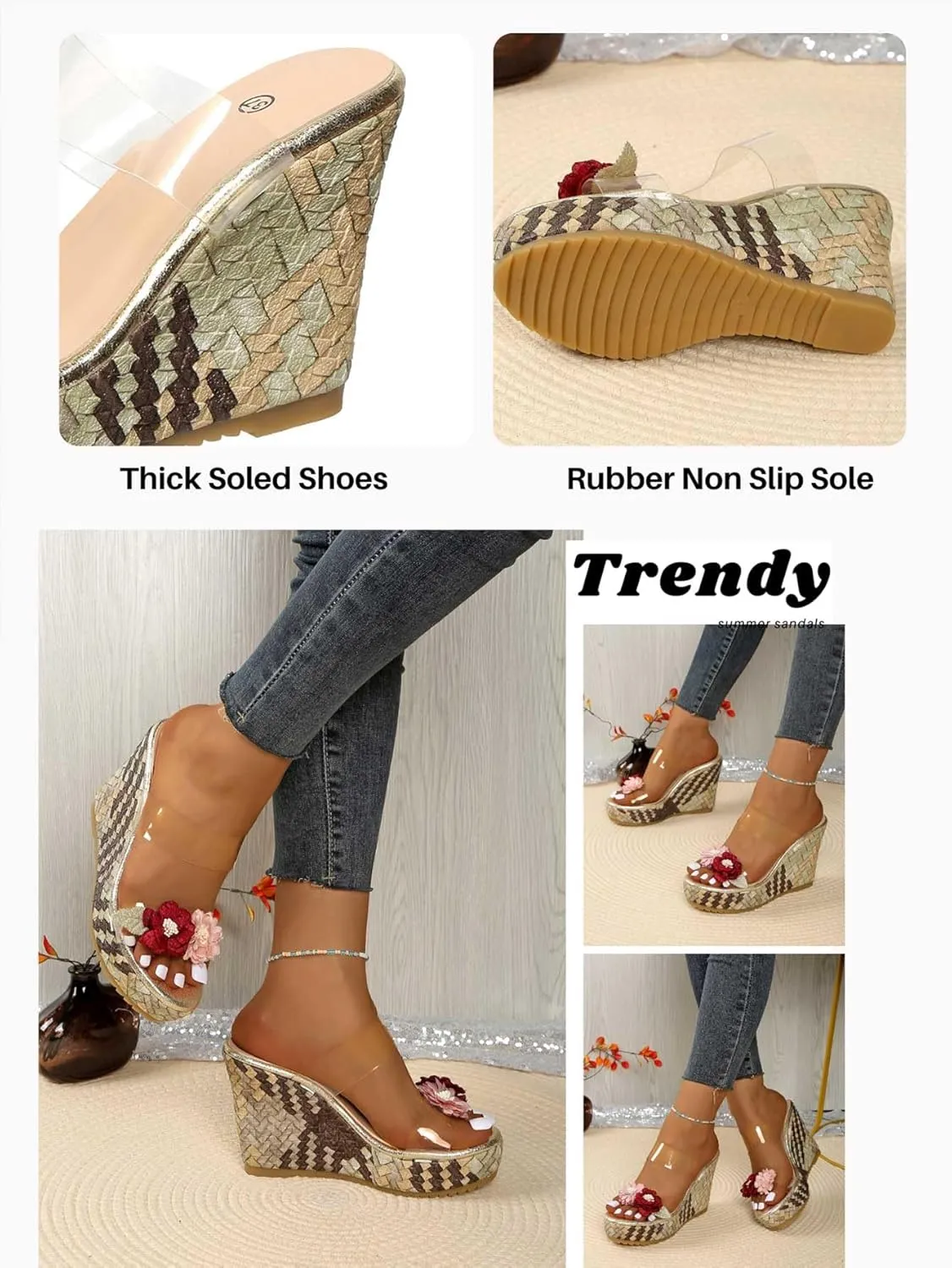 Women's Boho Chic Woven Wedge Sandals Floral Platform Slide with Transparent Strap Floral Platform Slide with Transparent Strap