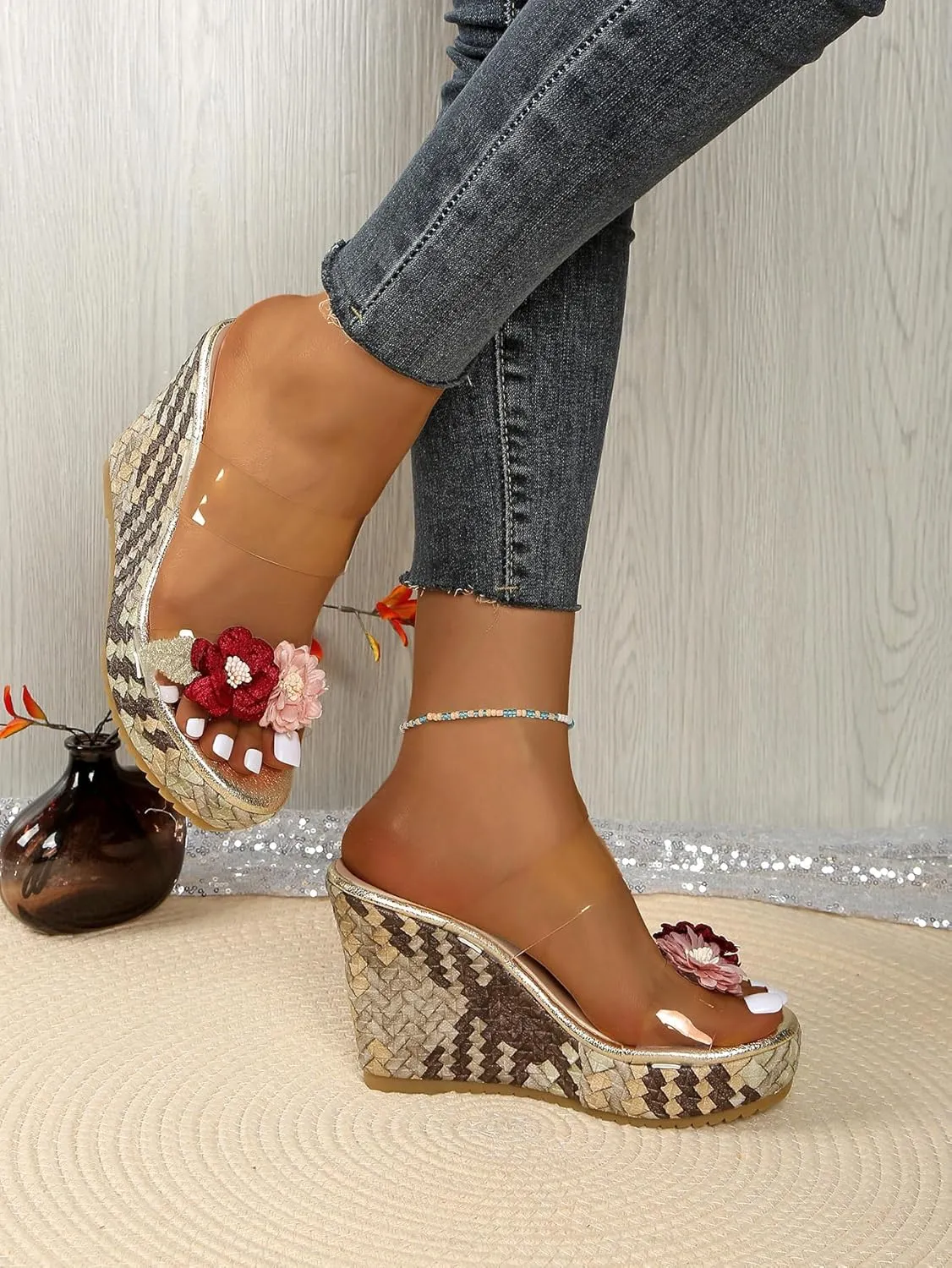 Women's Boho Chic Woven Wedge Sandals Floral Platform Slide with Transparent Strap Floral Platform Slide with Transparent Strap