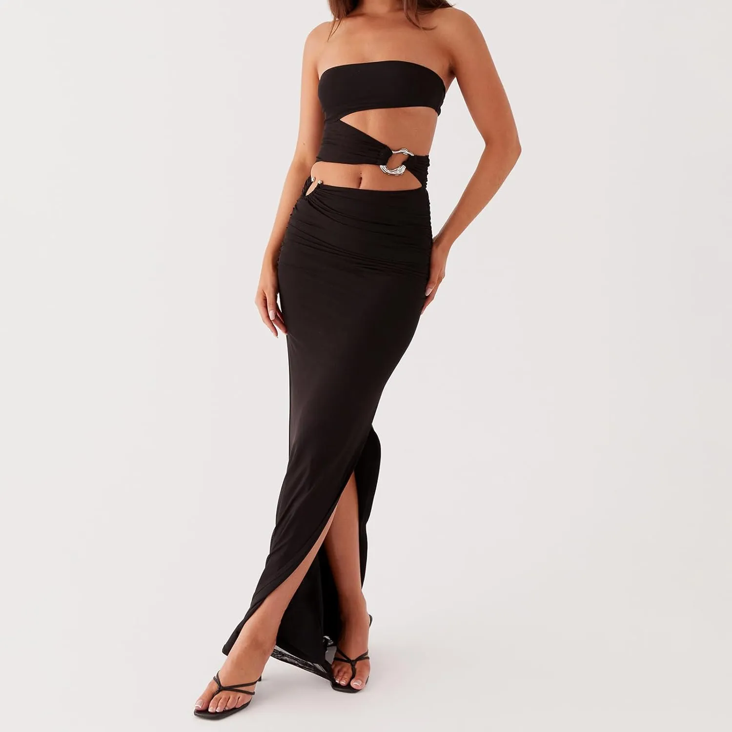 Women's Boho Strapless Maxi Dress Stylish Solid/Floral Print Hollow Out Tube Top Long Bodycon Dress Vacation Outfit