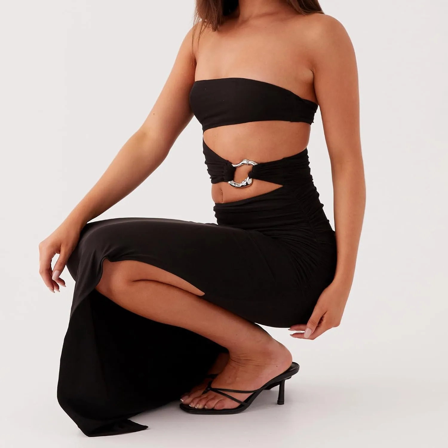 Women's Boho Strapless Maxi Dress Stylish Solid/Floral Print Hollow Out Tube Top Long Bodycon Dress Vacation Outfit