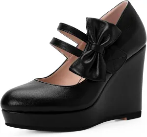 Women's Bow Closed Toe Hook Loop Platform High Heel Wedges Sandals Comfortable Mary Janes Pumps