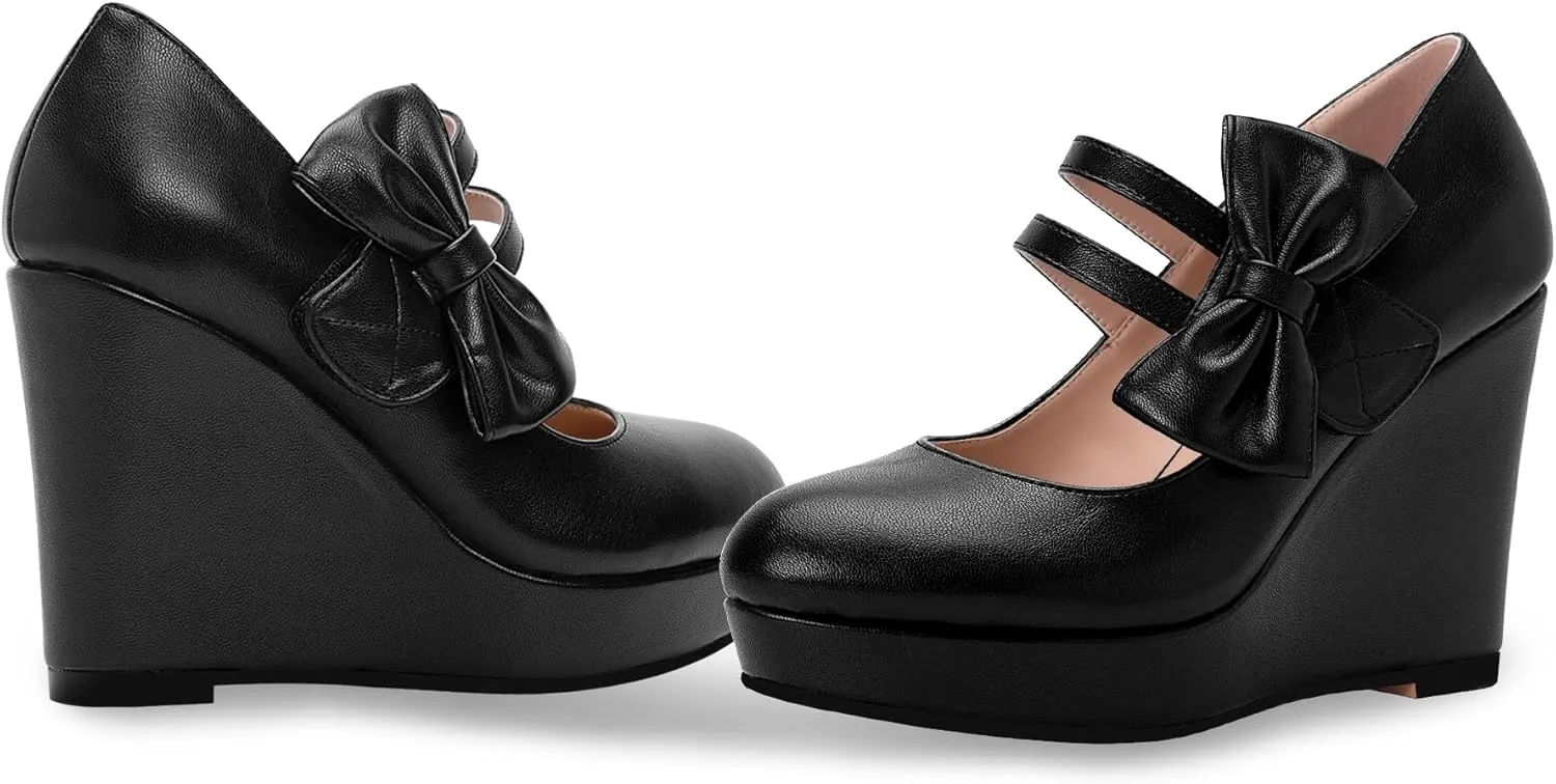 Women's Bow Closed Toe Hook Loop Platform High Heel Wedges Sandals Comfortable Mary Janes Pumps