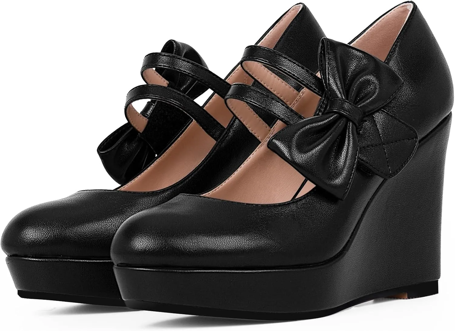 Women's Bow Closed Toe Hook Loop Platform High Heel Wedges Sandals Comfortable Mary Janes Pumps