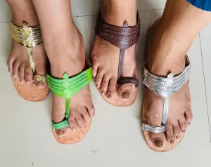 Women's Buffalo Leather Hippie Sandals – Boho Gypsy T-Strap Kolhapuri Chappals, Toe Ring Summer Slides-Silver