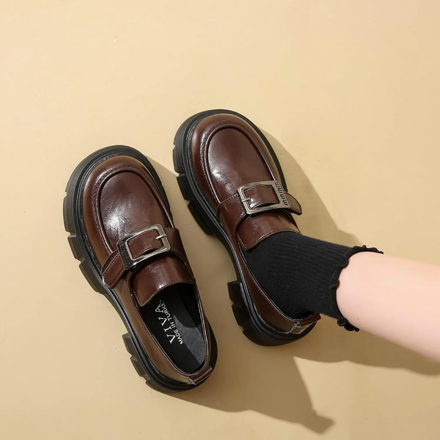 Women's Chunky Lug Sole Loafers Mid Heel Height - Increasing Dress Shoes with Buckle Chain