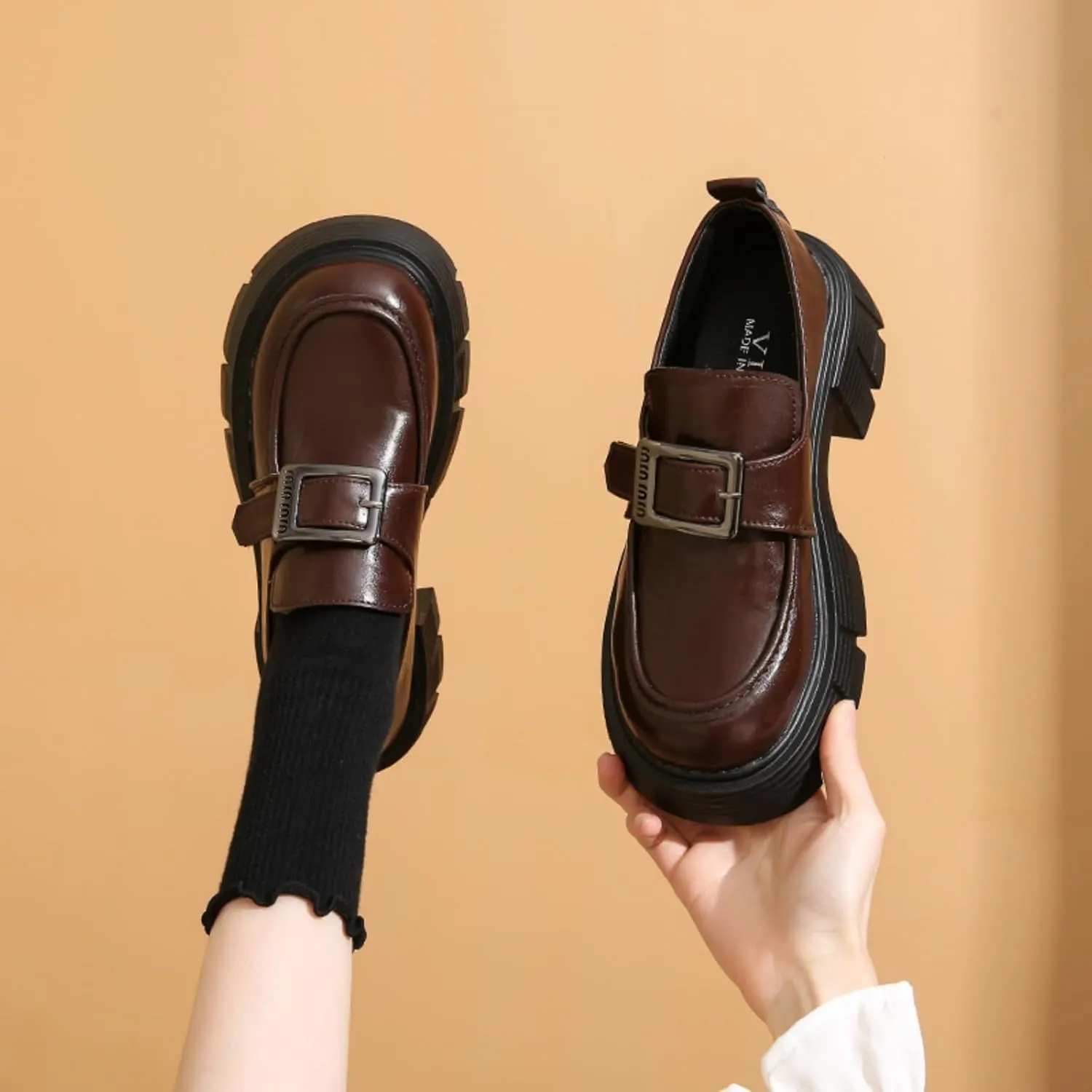 Women's Chunky Lug Sole Loafers Mid Heel Height - Increasing Dress Shoes with Buckle Chain