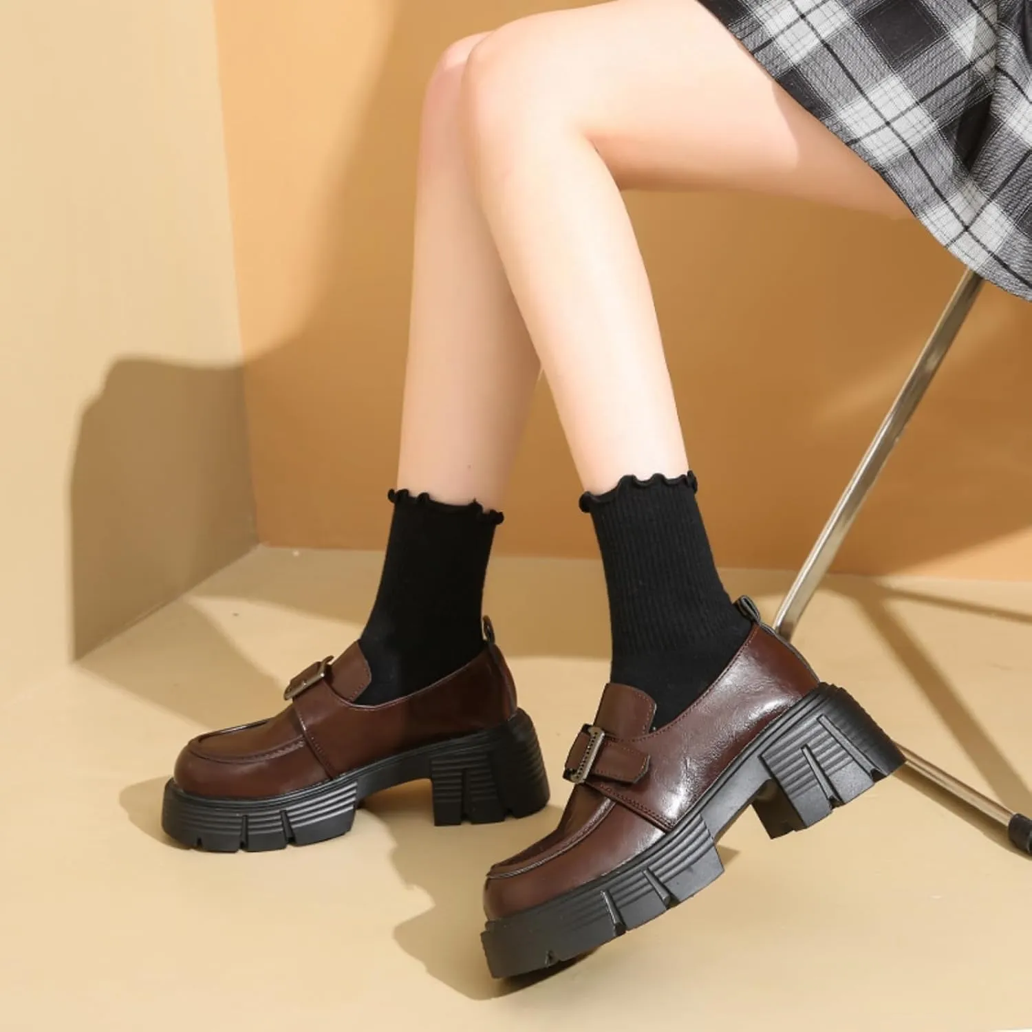 Women's Chunky Lug Sole Loafers Mid Heel Height - Increasing Dress Shoes with Buckle Chain