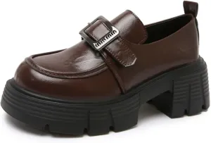 Women's Chunky Lug Sole Loafers Mid Heel Height - Increasing Dress Shoes with Buckle Chain