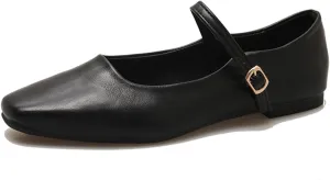 Women's Classic Leather Square Toe Flat Mary Jane Shoes Fashion Slip On Buckle Casual Ballet Shoes Comfortable Closed Toe Office Work Dress Shoes