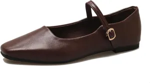 Women's Classic Leather Square Toe Flat Mary Jane Shoes Fashion Slip On Buckle Casual Ballet Shoes Comfortable Closed Toe Office Work Dress Shoes