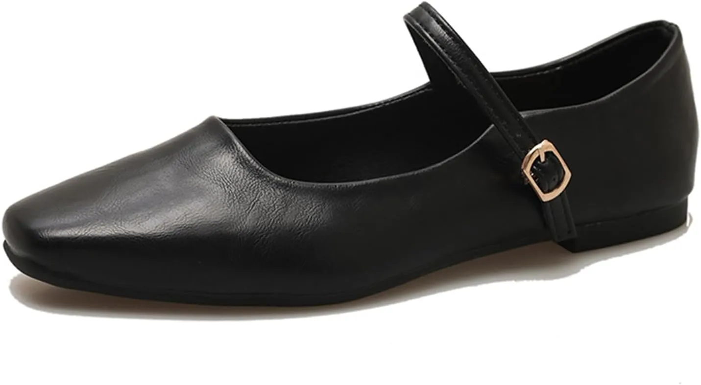 Women's Classic Leather Square Toe Flat Mary Jane Shoes Fashion Slip On Buckle Casual Ballet Shoes Comfortable Closed Toe Office Work Dress Shoes
