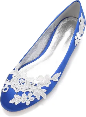 Women's Closed Toe Satin Applique Wedding Flats for Bride Prom Evening Bridal Party Dress Flats