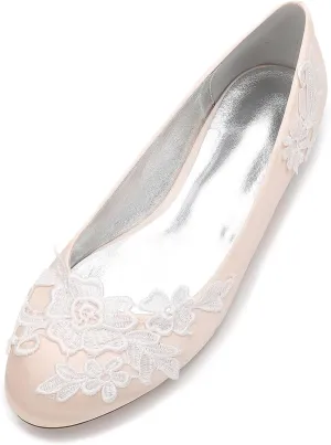 Women's Closed Toe Satin Applique Wedding Flats for Bride Prom Evening Bridal Party Dress Flats